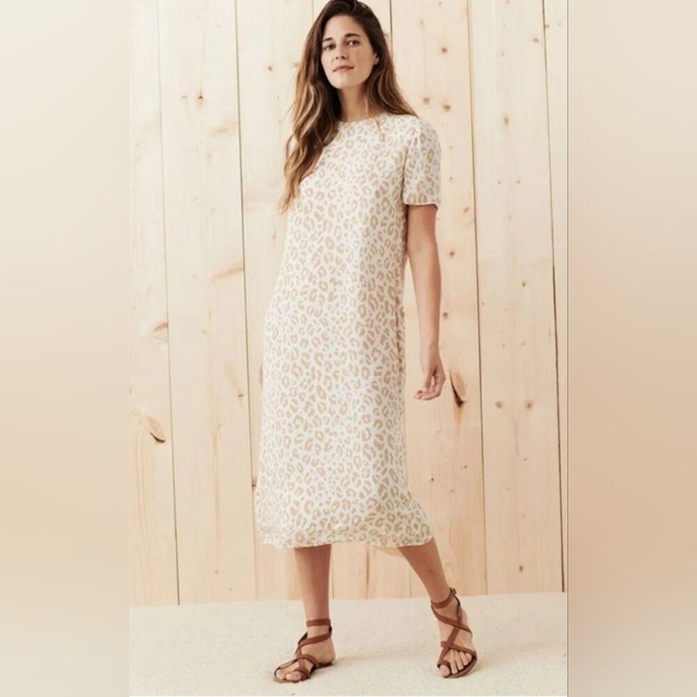 Jenni Kayne Beige Leopard Silk Midi Dress in Snow Leopard NWT Size X-Small